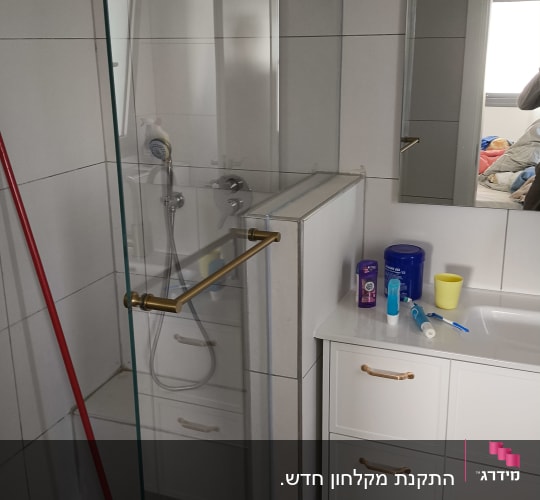 מקלחת עם דלת זכוכית, כיור וארון אמבטיה